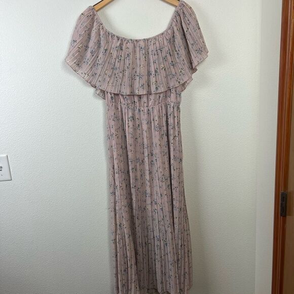 MELLODAY Pink Floral Off Shoulder Pleated Dress sz L - Picture 7 of 7